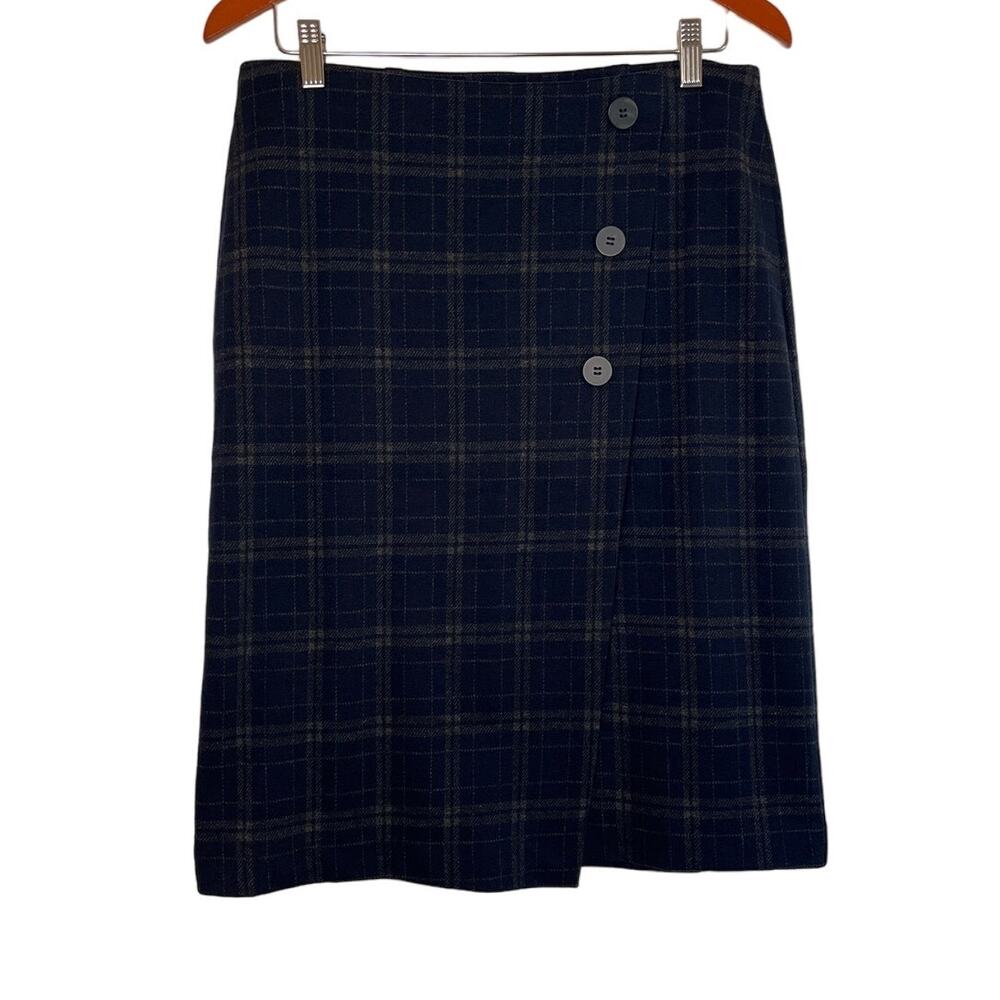 J.Jill Plaid Knit Faux Wrap Pull-On Skirt Size S Navy Brown Stretch Knee NWT